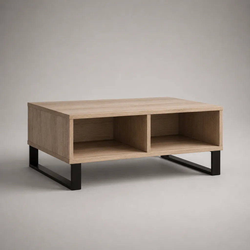 Table basse rectangulaire avec 2 niches en panneaux de particules mélaminés et acier, chêne clair et noir, 90 × 60 × 45 cm