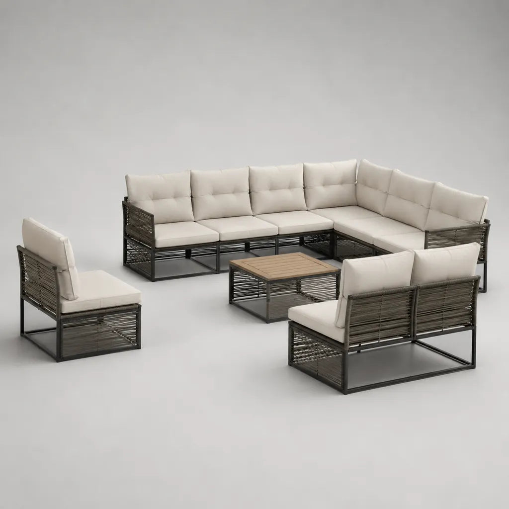 Salon de jardin 8 places, ensemble 4 pièces en résine tressée PE et acier brun avec coussins écrus, canapé d’angle 250 × 190 × 75 cm