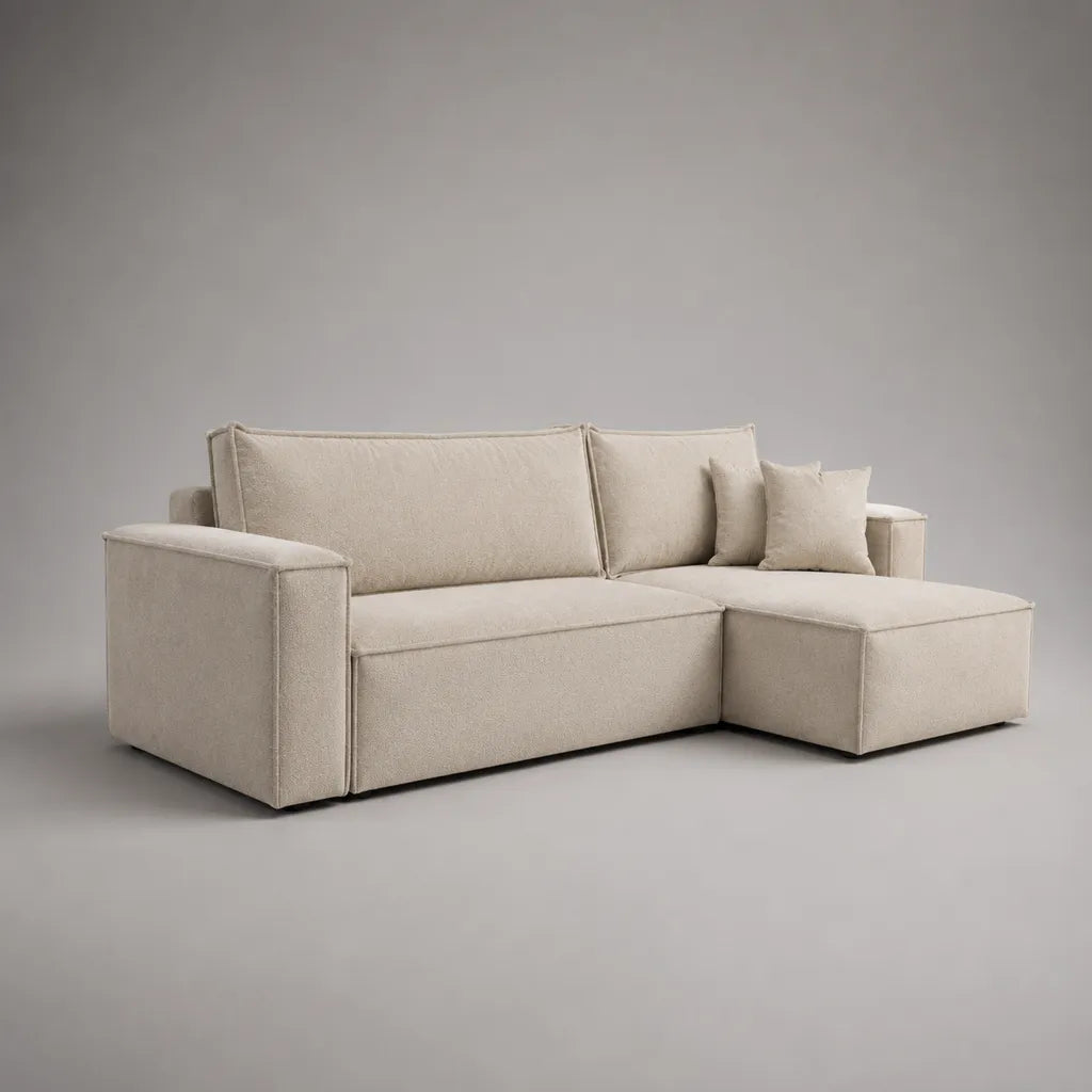 Canapé d’angle 3 places en tissu beige avec méridienne droite, 230 × 150 × 85 cm