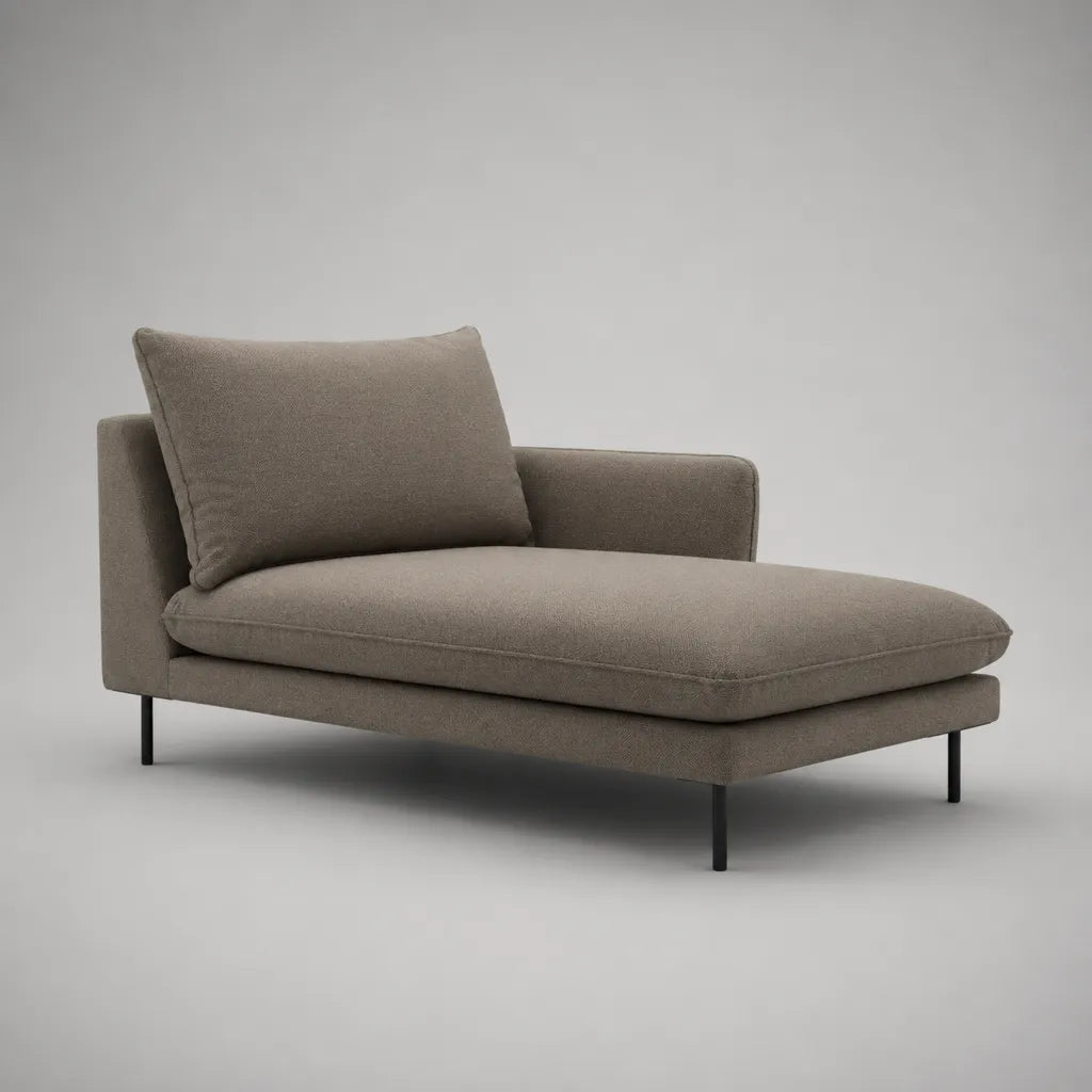 Méridienne gauche rembourrée en polyester tissé taupe et métal noir, 160 × 90 × 82 cm
