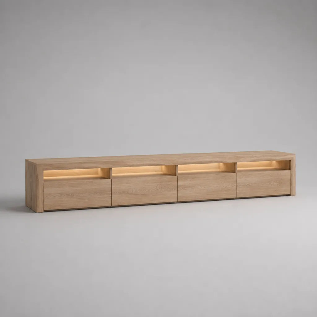 Meuble TV bas en MDF plaqué chêne naturel avec 4 tiroirs, 4 niches et éclairage LED, 240 × 40 × 50 cm