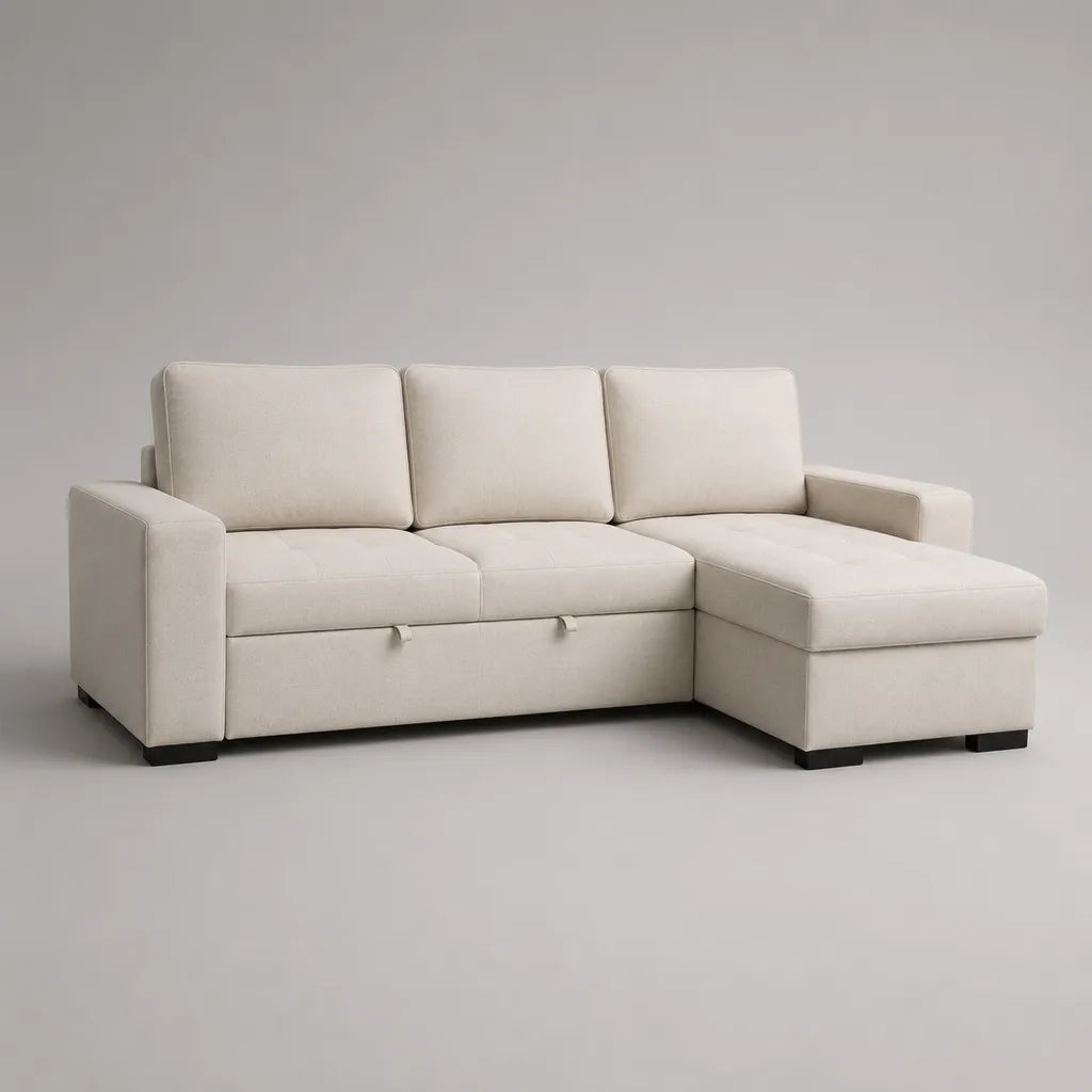 Canapé d’angle convertible 3 places en tissu avec coffre, méridienne droite, beige clair, 225 × 150 × 85 cm
