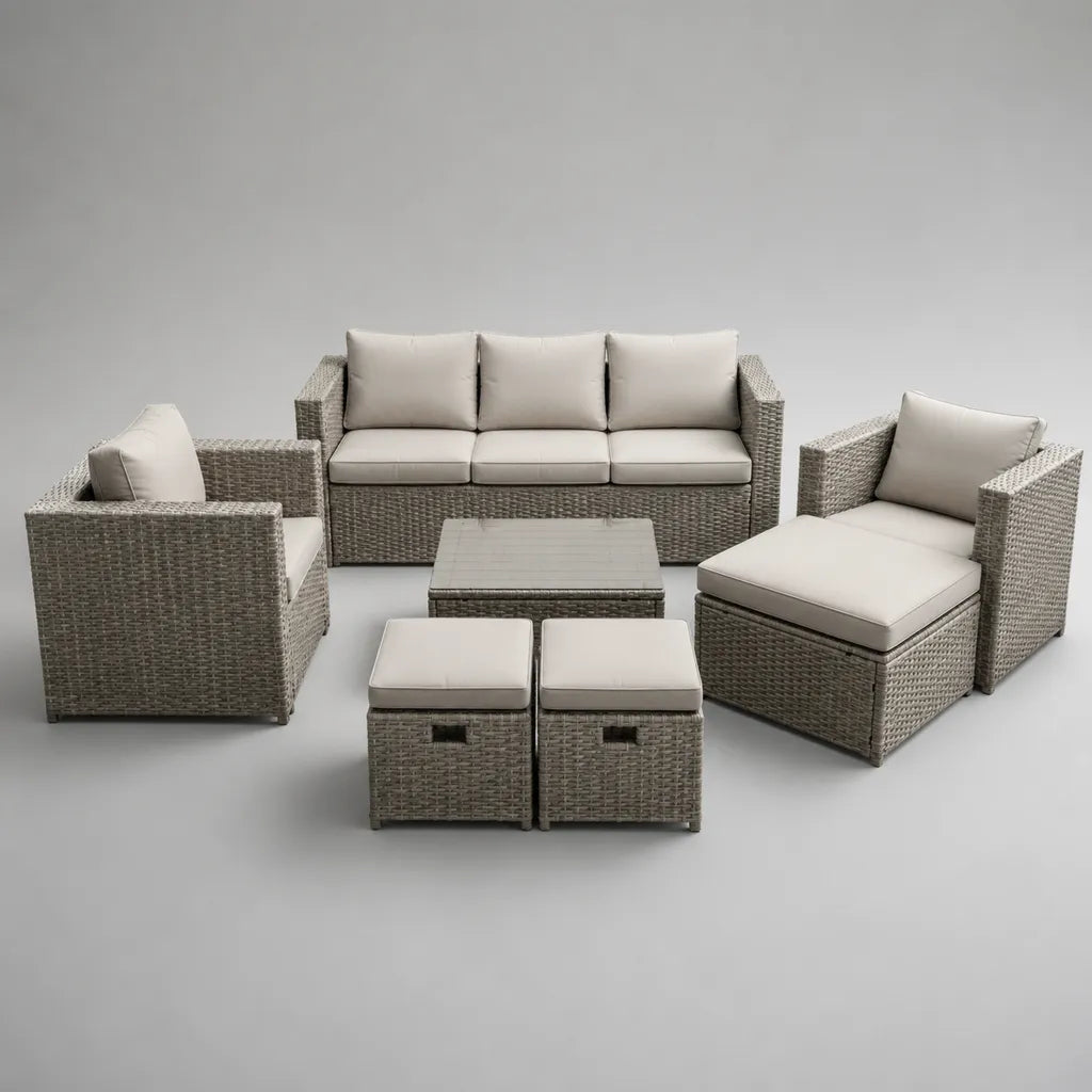 Salon de jardin extérieur 7 pièces en résine tressée grise et tissu beige, canapé 3 places 195 × 75 × 78 cm, 2 fauteuils, 3 poufs et table