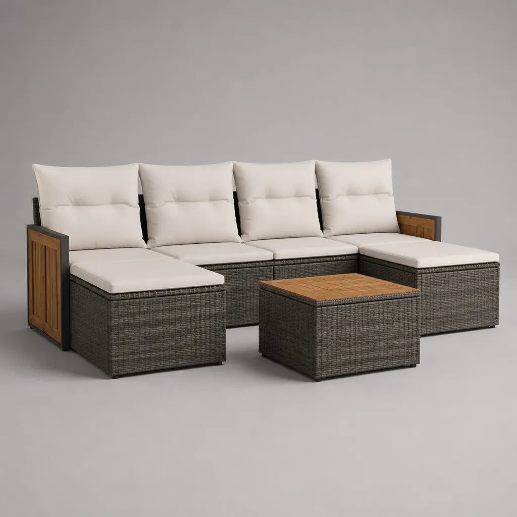 Salon de jardin extérieur 5 pièces avec canapé modulable en U 4 places et table, résine tressée, acier et bois, gris, beige et brun, 240 × 155 × 76 cm