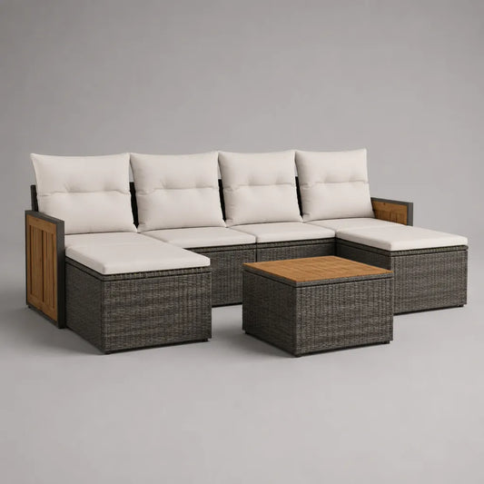 Salon de jardin extérieur 5 pièces avec canapé modulable en U 4 places et table, résine tressée, acier et bois, gris, beige et brun, 240 × 155 × 76 cm