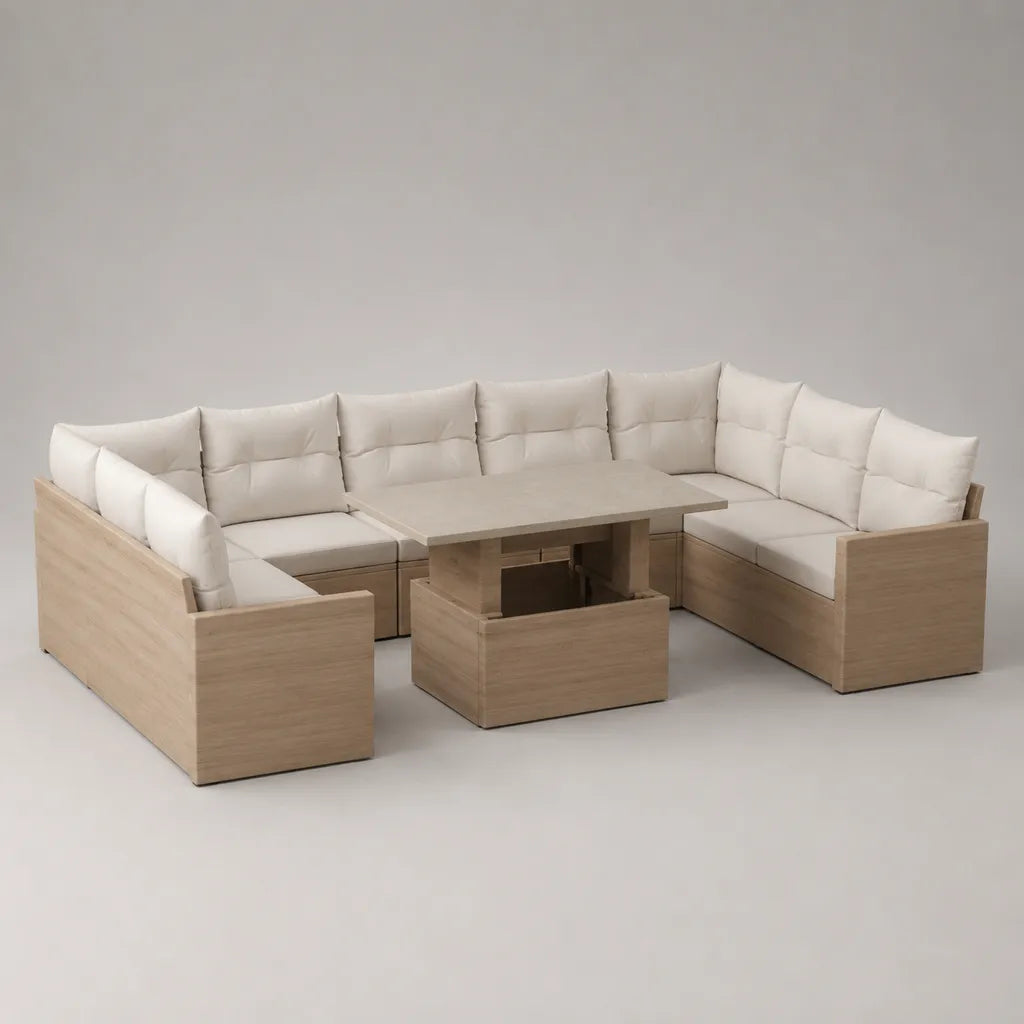 Salon de jardin modulable en U 9 places en aluminium et PEHD beige effet bois naturel, 300 × 220 × 76 cm, table relevable 140 × 75 cm