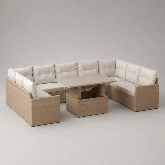 Salon de jardin modulable en U 9 places en aluminium et PEHD beige effet bois naturel, 300 × 220 × 76 cm, table relevable 140 × 75 cm