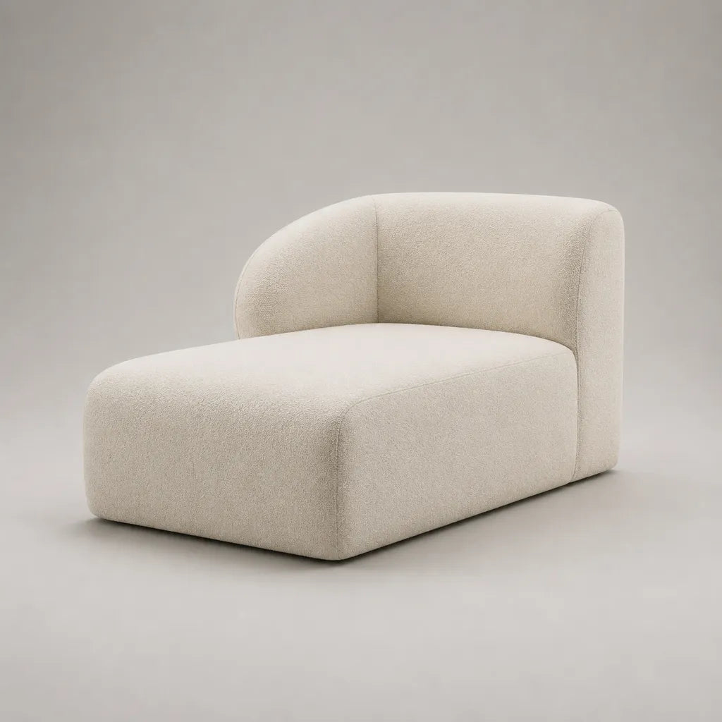 Méridienne 1 place en tissu bouclé écru, forme arrondie, 140 × 90 × 75 cm