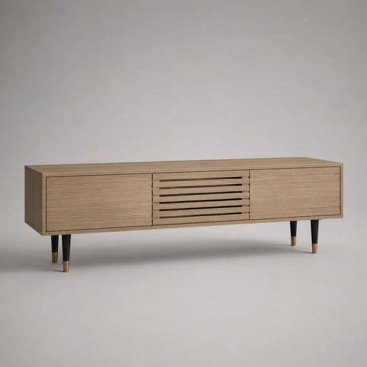 Meuble TV bas rectangulaire à 3 portes en MDF plaqué chêne naturel et acier noir, 160 × 40 × 55 cm