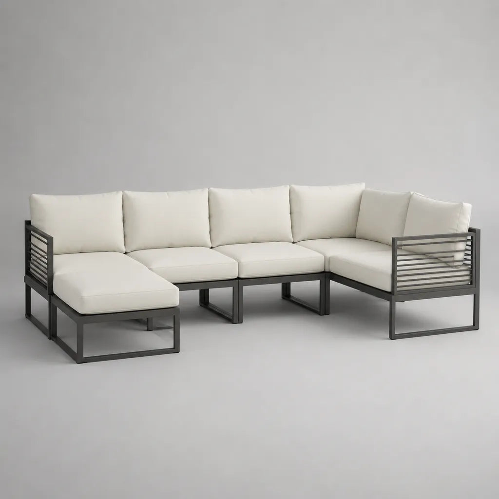 Canapé de jardin d’angle modulable 4 places, ensemble 4 pièces en acier et tissu, écru et anthracite, 280 × 145 × 75 cm