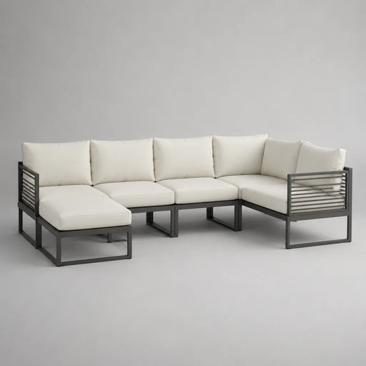 Canapé de jardin d’angle modulable 4 places, ensemble 4 pièces en acier et tissu, écru et anthracite, 280 × 145 × 75 cm