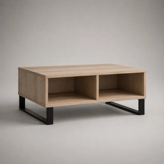 Table basse rectangulaire avec 2 niches en panneaux de particules mélaminés et acier, chêne clair et noir, 90 × 60 × 45 cm