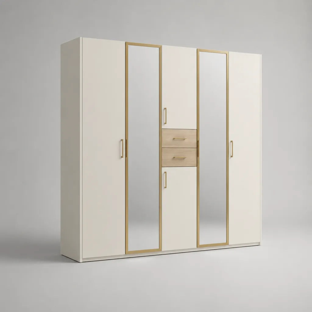 Armoire penderie rectangulaire en bois, 6 portes battantes, 2 miroirs et 2 tiroirs, blanc et doré, L 250 x P 60 x H 220 cm