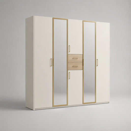 Armoire penderie rectangulaire en bois, 6 portes battantes, 2 miroirs et 2 tiroirs, blanc et doré, L 250 x P 60 x H 220 cm