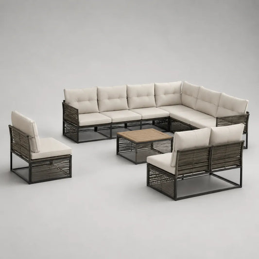 Salon de jardin 8 places, ensemble 4 pièces en résine tressée PE et acier brun avec coussins écrus, canapé d’angle 250 × 190 × 75 cm