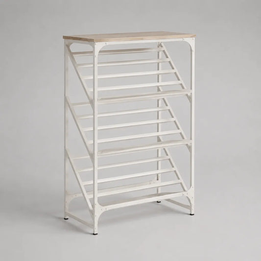 Meuble à chaussures 3 niveaux en acier blanc avec étagères inclinées et plateau effet chêne clair, 80 × 30 × 130 cm