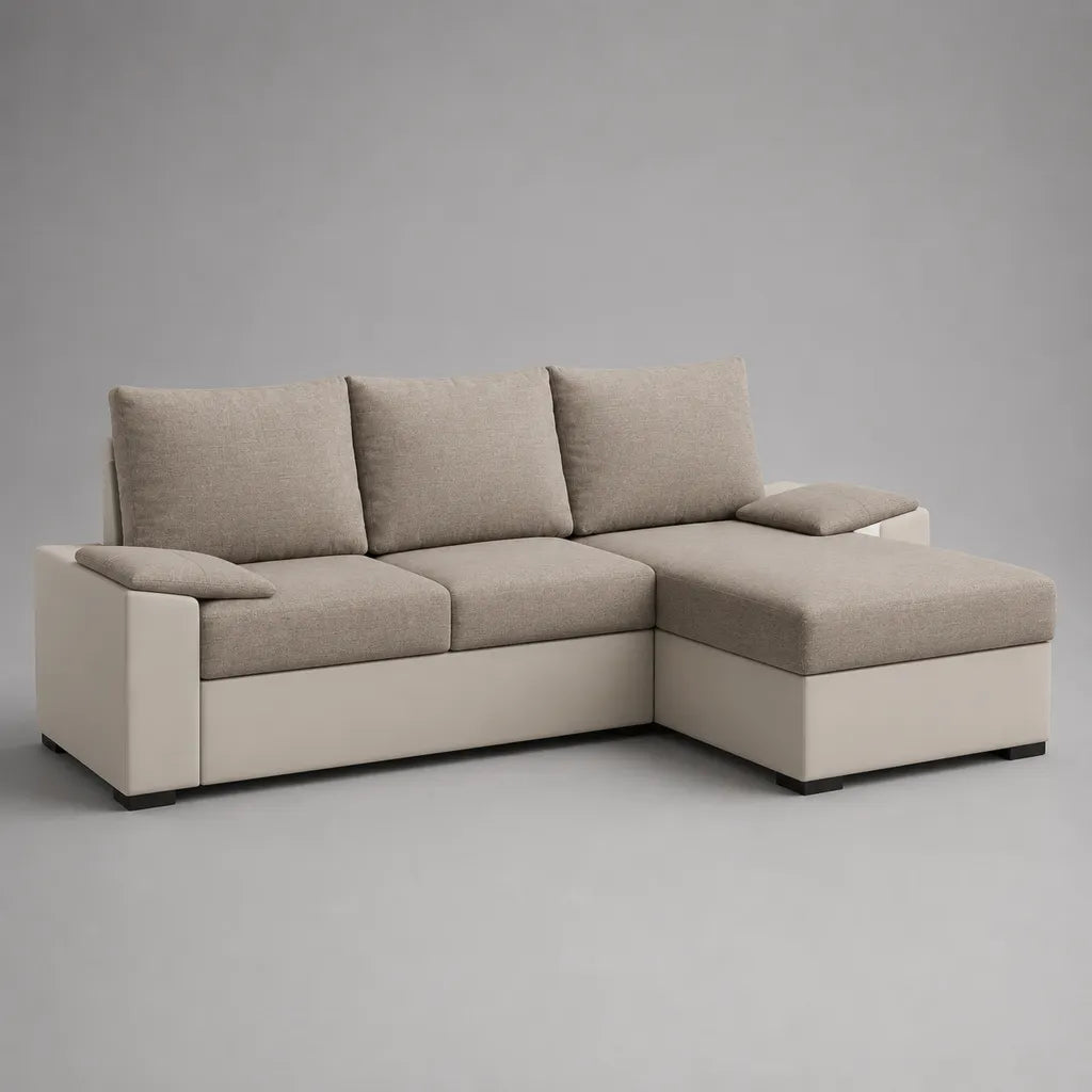 Canapé d’angle 3 places en tissu et similicuir, méridienne à droite, beige et blanc cassé, 230 × 150 × 85 cm