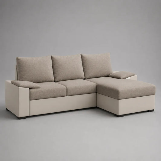 Canapé d’angle 3 places en tissu et similicuir, méridienne à droite, beige et blanc cassé, 230 × 150 × 85 cm