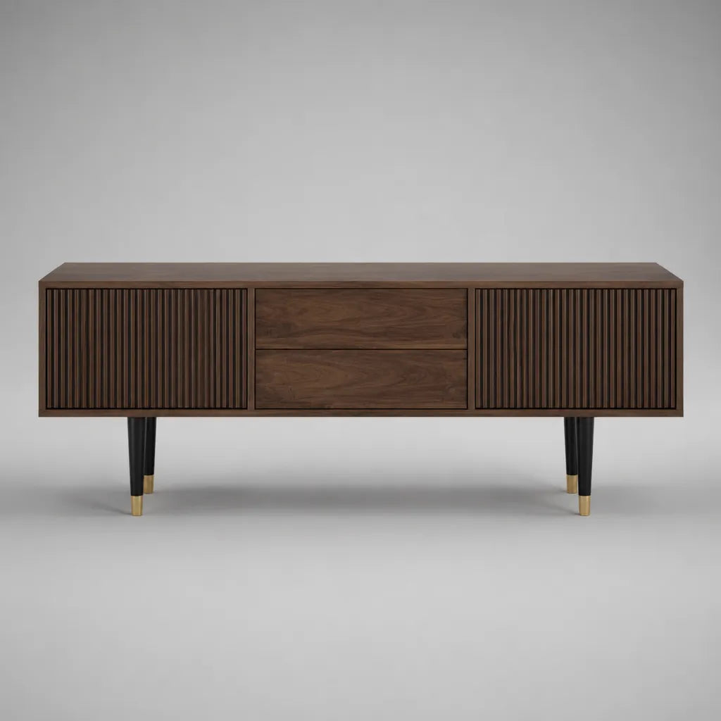 Meuble TV rectangulaire en MDF plaqué noyer brun avec 2 portes, 2 tiroirs et pieds noirs, 160 × 40 × 60 cm