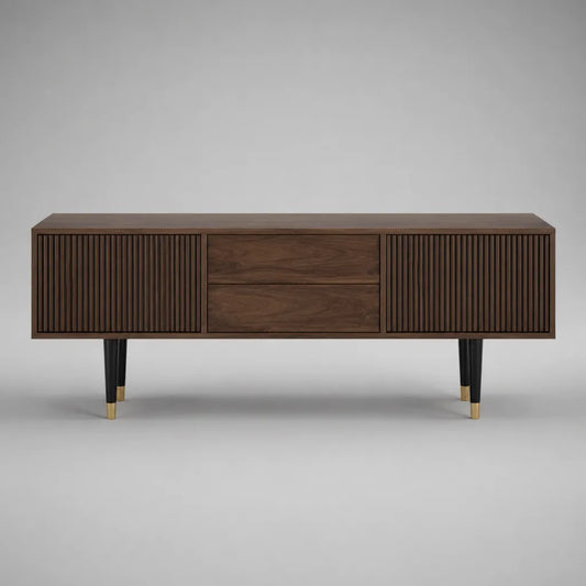 Meuble TV rectangulaire en MDF plaqué noyer brun avec 2 portes, 2 tiroirs et pieds noirs, 160 × 40 × 60 cm