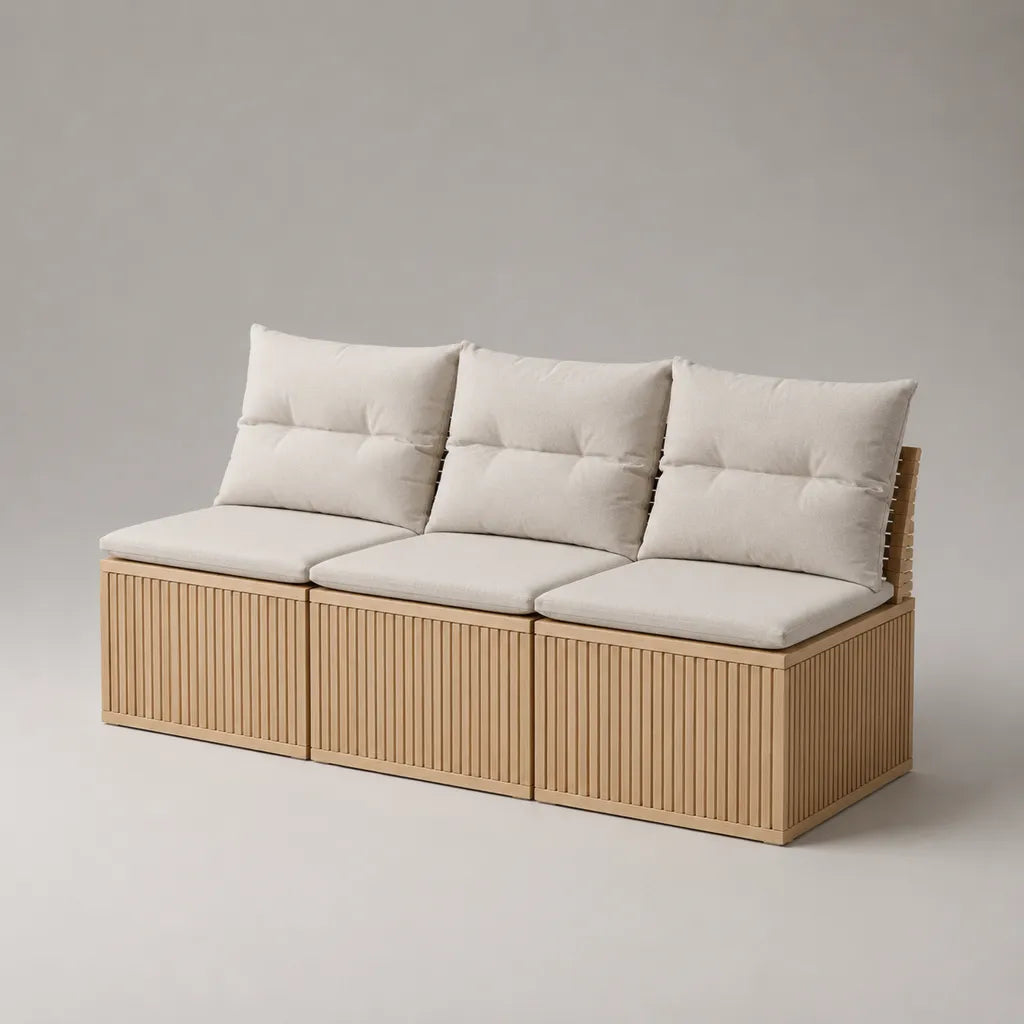 Canapé de jardin modulable 3 places en bois massif et tissu beige, 3 modules, 210 × 70 × 82 cm