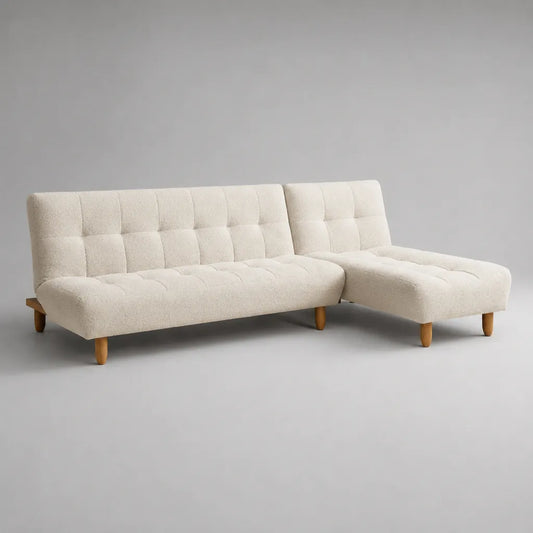 Canapé d’angle 3 places en 2 éléments, tissu écru, méridienne droite, 220 × 150 × 82 cm