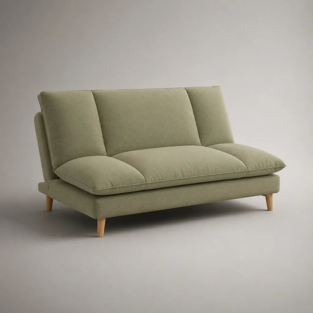Canapé convertible 2 places en tissu vert sauge, dossier inclinable, 180 × 88 × 82 cm, couchage 180 × 110 cm