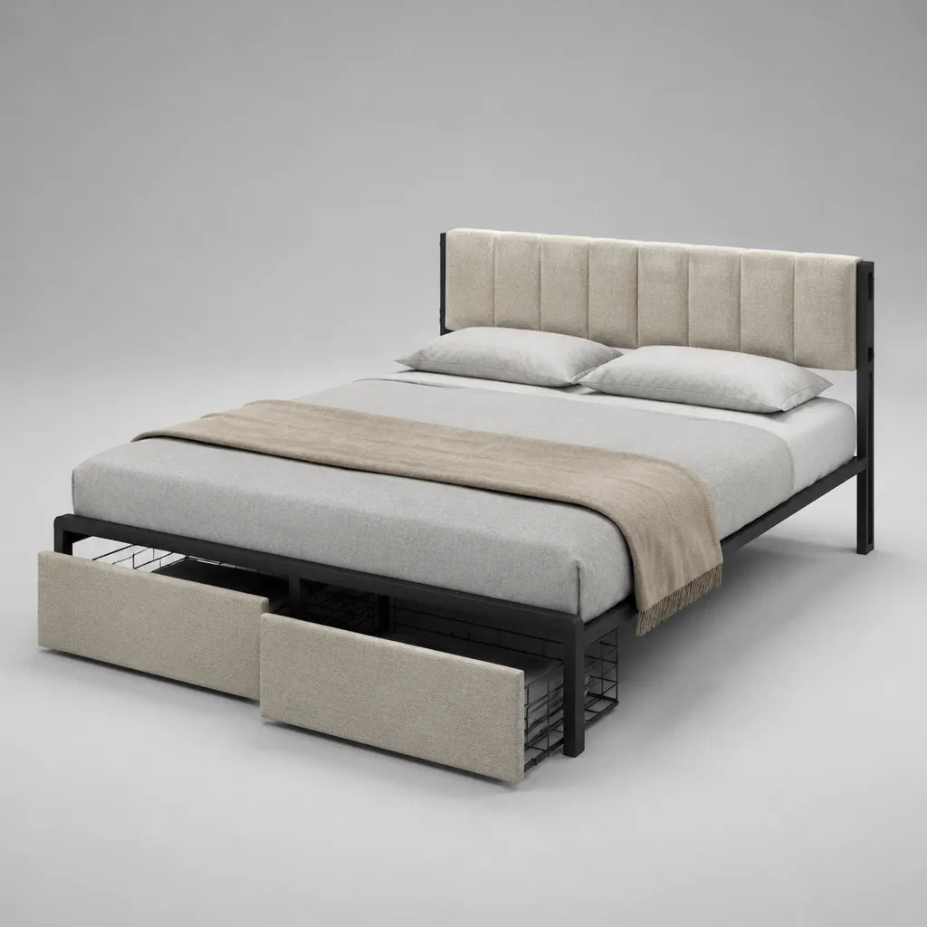 Lit double 160 × 200 cm en acier noir et polyester beige avec tête de lit rembourrée et 2 tiroirs
