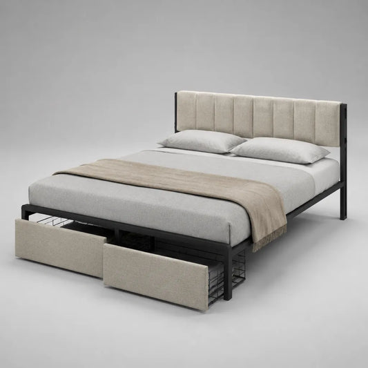 Lit double 160 × 200 cm en acier noir et polyester beige avec tête de lit rembourrée et 2 tiroirs