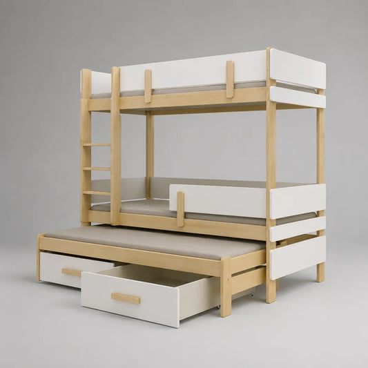 Lit superposé enfant 3 couchages 90 × 190 cm en bois blanc et naturel avec lit gigogne et 2 tiroirs – 198 × 100 × 170 cm