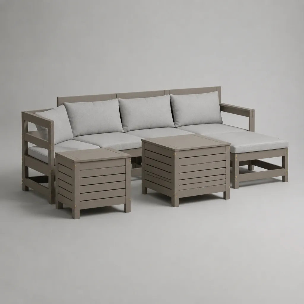 Ensemble de jardin d’angle 4 places en bois taupe et gris clair avec méridienne et 2 tables, 235 × 170 × 73 cm