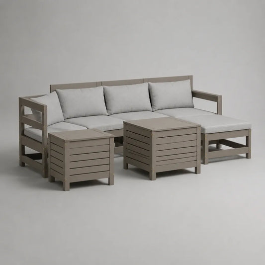 Ensemble de jardin d’angle 4 places en bois taupe et gris clair avec méridienne et 2 tables, 235 × 170 × 73 cm