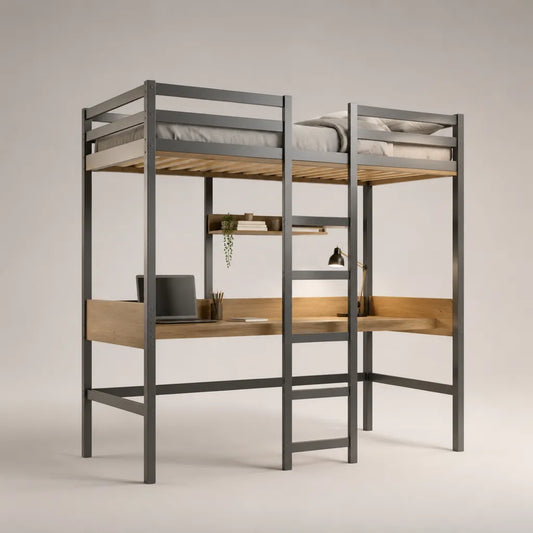 Lit mezzanine enfant 90 × 200 cm en pin massif anthracite avec bureau, étagère et échelle – 207 × 96 × 180 cm