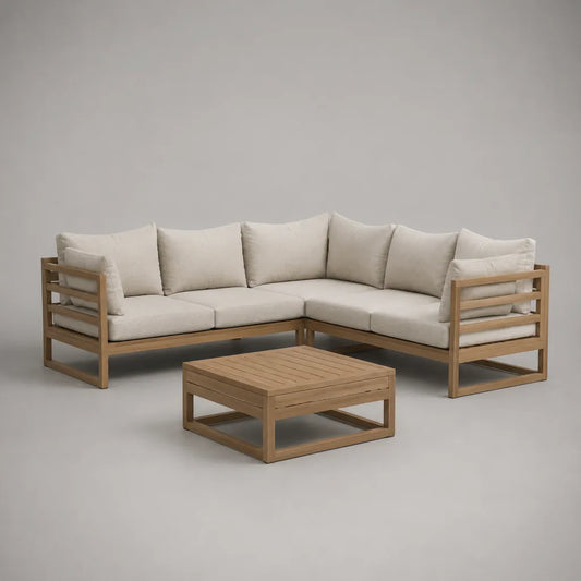 Ensemble de jardin d’angle 4 places, 3 pièces en bois et tissu, beige et brun naturel, canapé 230 × 230 × 78 cm, table 80 × 80 × 35 cm