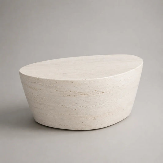 Table basse ovale en béton effet travertin blanc cassé, 100 × 60 × 38 cm