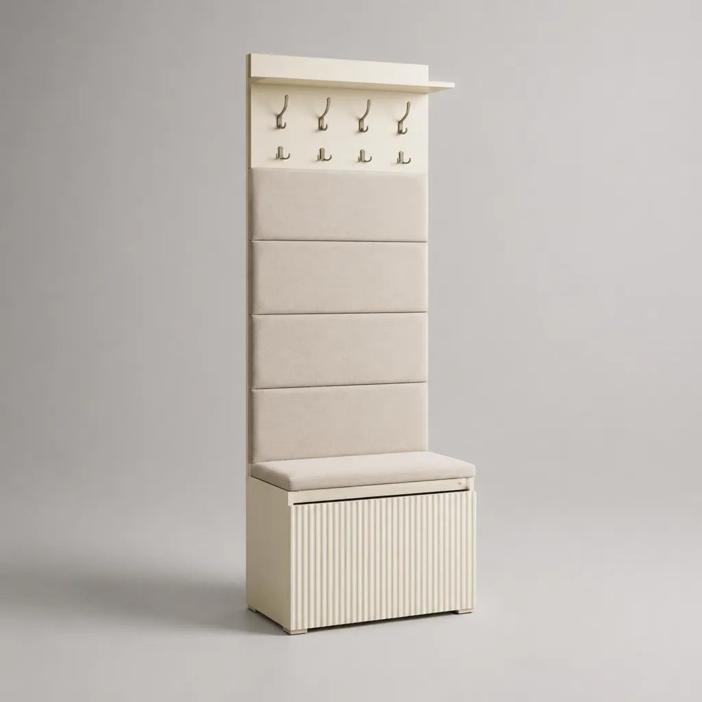 Meuble d’entrée avec banc, rangement à chaussures et porte-manteau en bois, métal et tissu, blanc cassé et beige, 60 × 38 × 180 cm