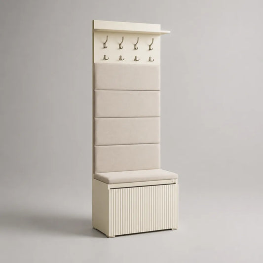 Meuble d’entrée avec banc, rangement à chaussures et porte-manteau en bois, métal et tissu, blanc cassé et beige, 60 × 38 × 180 cm