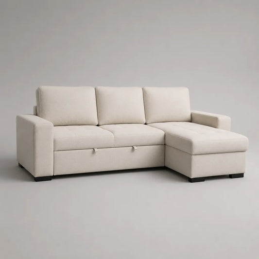 Canapé d’angle convertible 3 places en tissu avec coffre, méridienne droite, beige clair, 225 × 150 × 85 cm