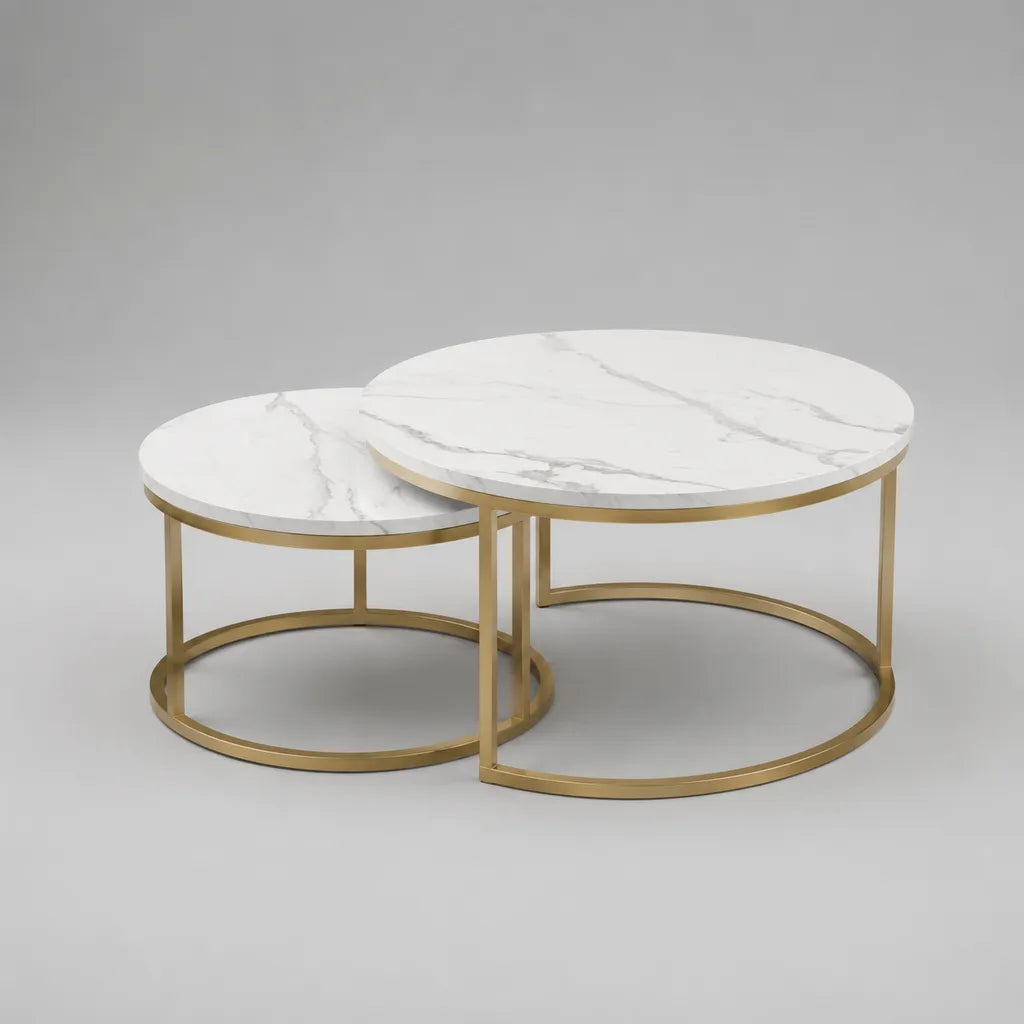 Lot de 2 tables basses gigognes rondes en bois effet marbre blanc et métal doré – Ø 80 × H 45 cm et Ø 60 × H 40 cm