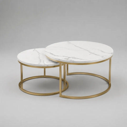 Lot de 2 tables basses gigognes rondes en bois effet marbre blanc et métal doré – Ø 80 × H 45 cm et Ø 60 × H 40 cm
