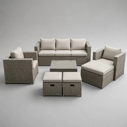 Salon de jardin extérieur 7 pièces en résine tressée grise et tissu beige, canapé 3 places 195 × 75 × 78 cm, 2 fauteuils, 3 poufs et table