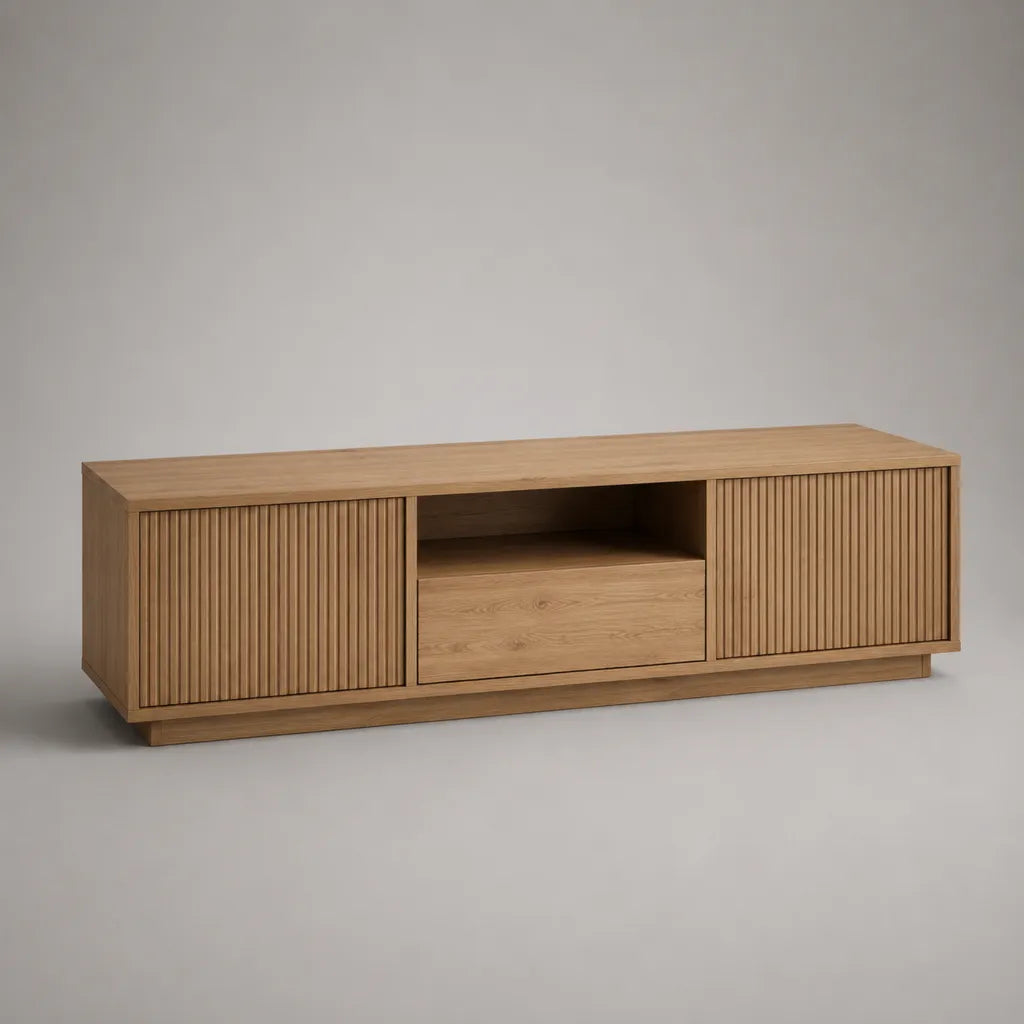 Meuble TV bas rectangulaire en bois, 2 portes rainurées, 1 tiroir et 1 niche, chêne naturel, 180 × 40 × 55 cm