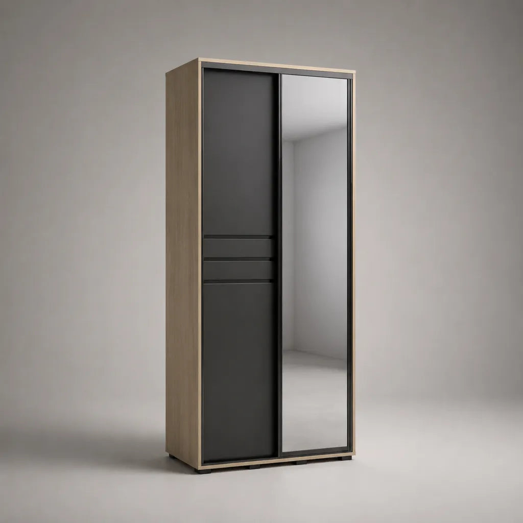 Armoire penderie en panneaux de particules à 2 portes coulissantes avec miroir, noir et chêne clair, 200 × 100 × 60 cm