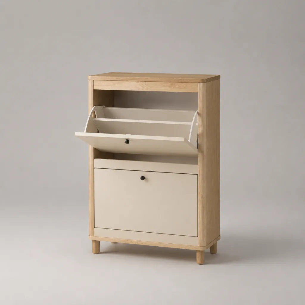 Meuble à chaussures rectangulaire en bois et MDF avec 2 portes abattantes, chêne naturel et blanc cassé, 80 × 35 × 110 cm