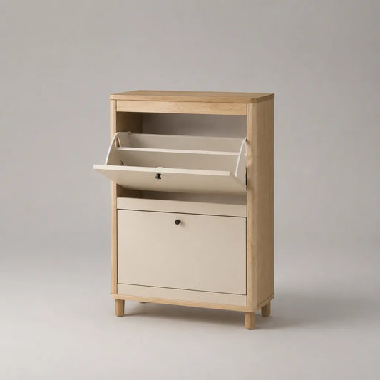 Meuble à chaussures rectangulaire en bois et MDF avec 2 portes abattantes, chêne naturel et blanc cassé, 80 × 35 × 110 cm