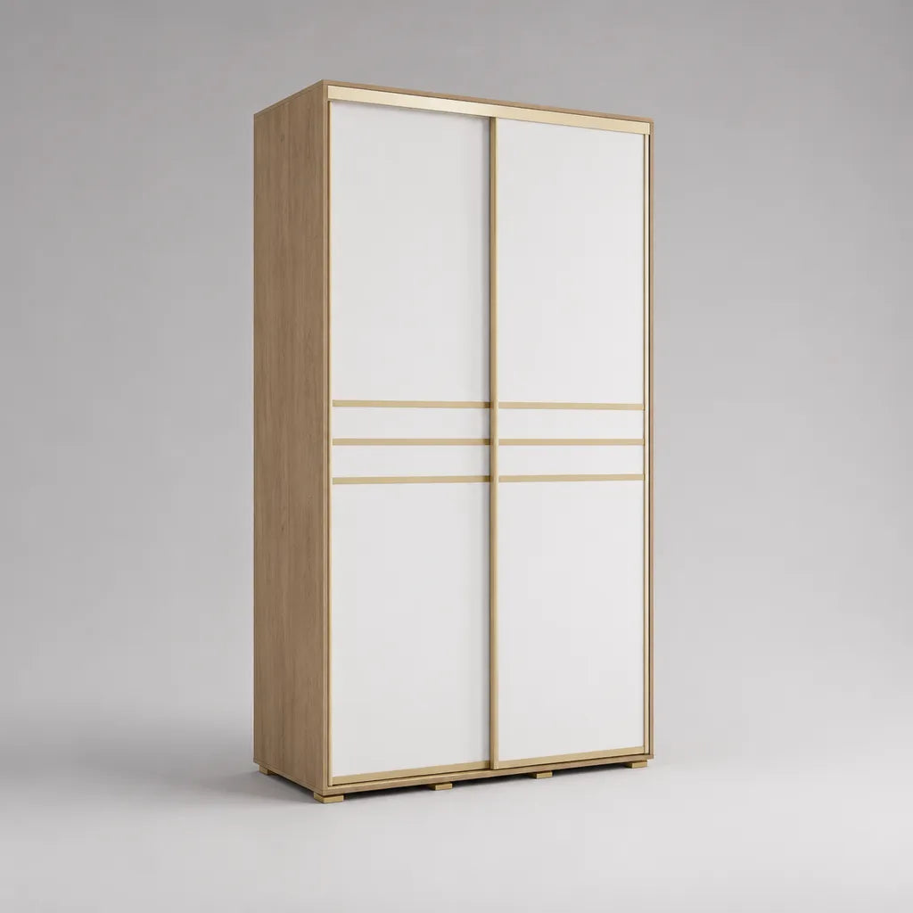 Armoire rectangulaire en panneaux de particules à 2 portes coulissantes, blanc, chêne clair et doré, 120 × 60 × 200 cm
