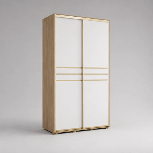 Armoire rectangulaire en panneaux de particules à 2 portes coulissantes, blanc, chêne clair et doré, 120 × 60 × 200 cm