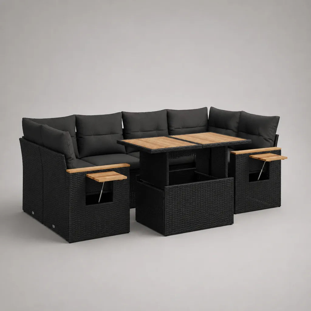 Salon de jardin d’angle 8 places avec table, résine tressée, acier et bois, noir, gris foncé et brun clair, 230 × 180 × 74 cm