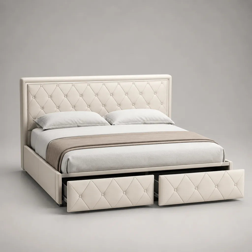 Lit double 160 x 200 cm en cuir synthétique crème avec tête de lit capitonnée et 2 tiroirs