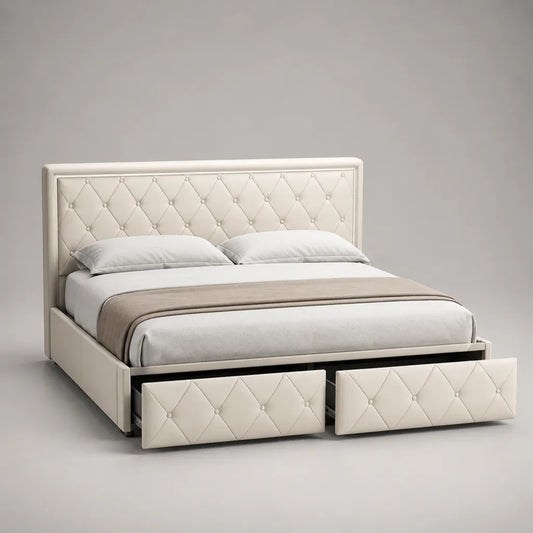 Lit double 160 x 200 cm en cuir synthétique crème avec tête de lit capitonnée et 2 tiroirs